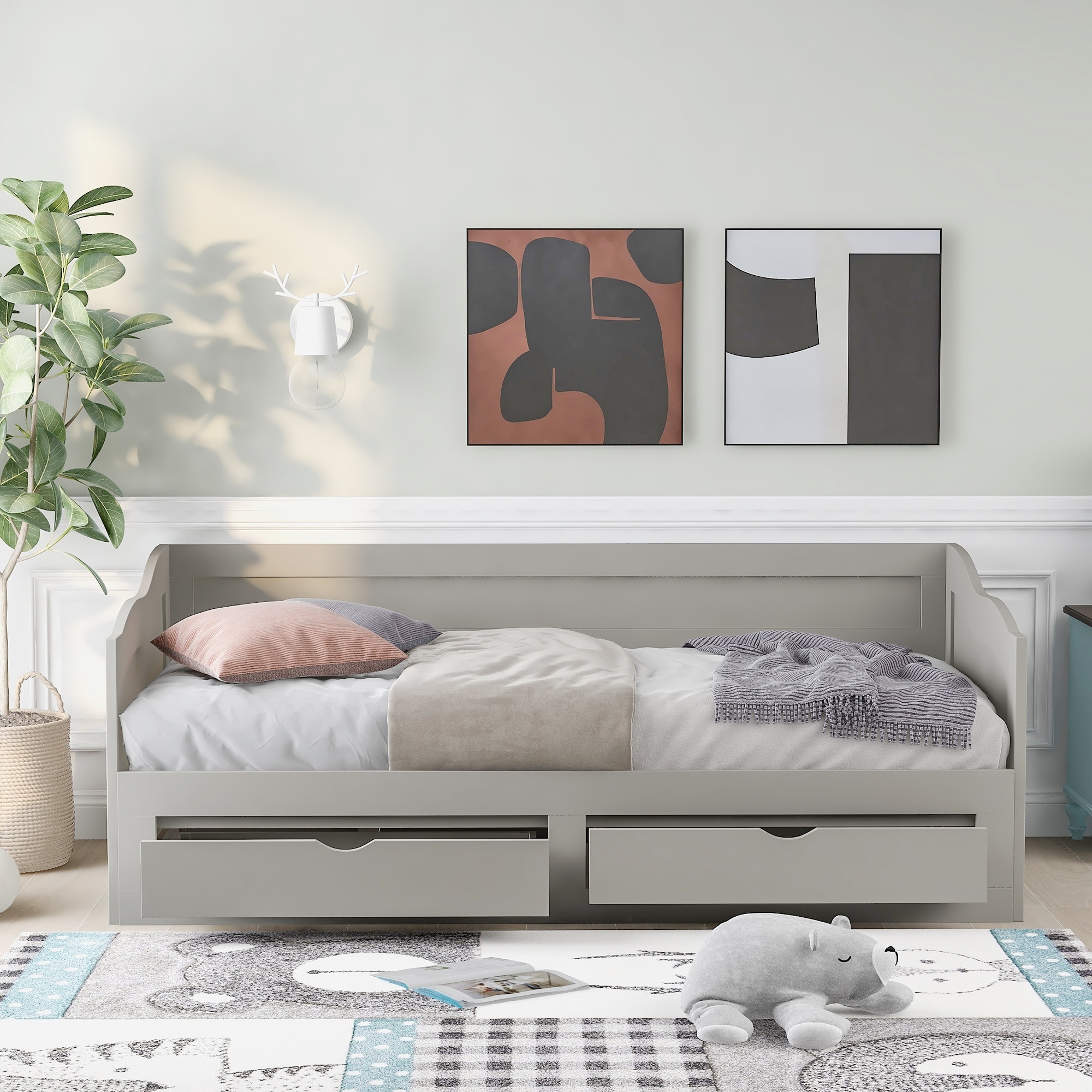 Roomfitters Wooden Twin Daybed with Trundle and Two Storage Drawers Extendable Solid Wood