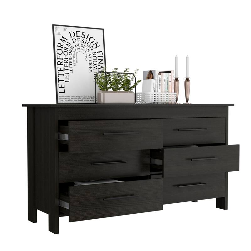 6-Drawer Double Dresser in Black Finish with Four Legs, Superior Top, Smooth Glide Drawers, and Contemporary Look