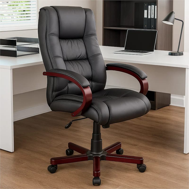 Zoey High-Back Executive Chair, Black Vinyl, Mahogany Wood Finish