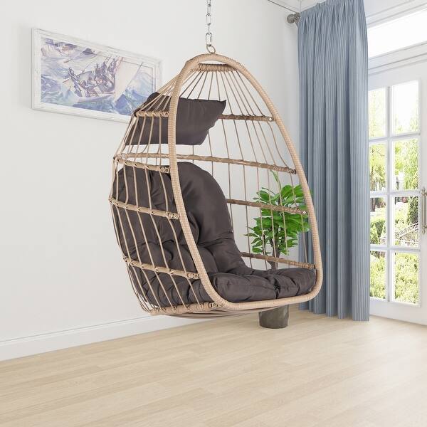 slide 2 of 9, Portable and Foldable Outdoor Rattan Egg Swing Chair Dark Gray