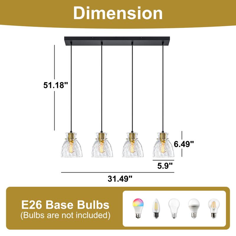 Starsky 4-Light Modern Linear Chandelier Cluster Kitchen Island Light with Hammered Glass Shade - Black&Gold