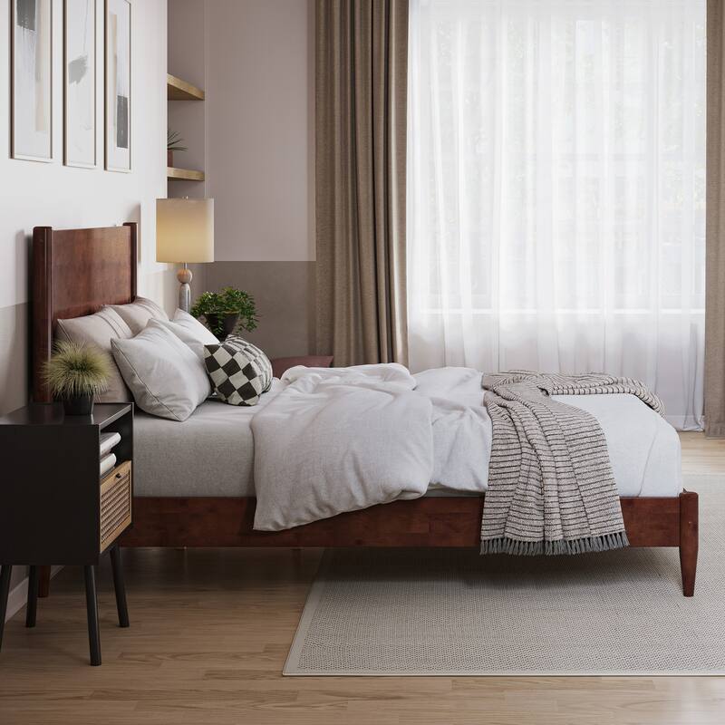 Solid Wood Low Profile Platform Bed - Walnut Finish, Modern Bedroom Furniture