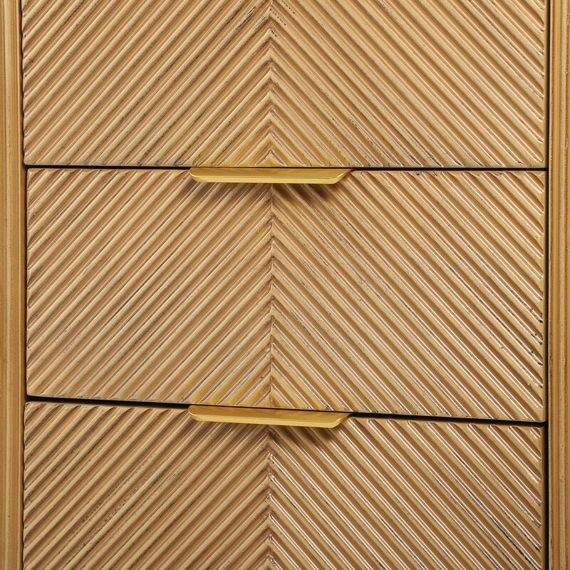 Mid-Century Fluted 3-Drawer Nightstand - Curved Profile + Gold Glossy Handles, Easy Assembly (Natural)