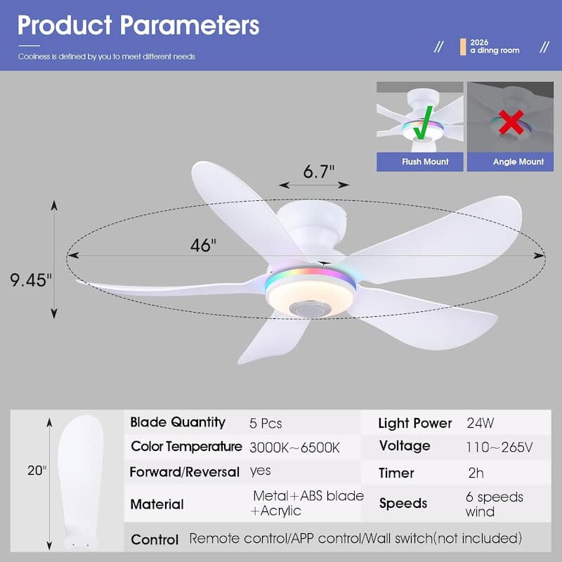 Kviflon 36/46 inches RGB Flush Mount Ceiling Fan with Light and Remote and Speaker-White