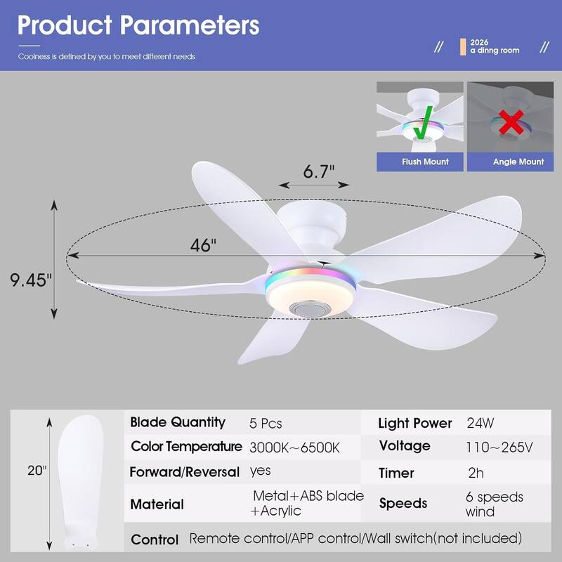 Kviflon 36/46 inches RGB Flush Mount Ceiling Fan with Light and Remote and Speaker
