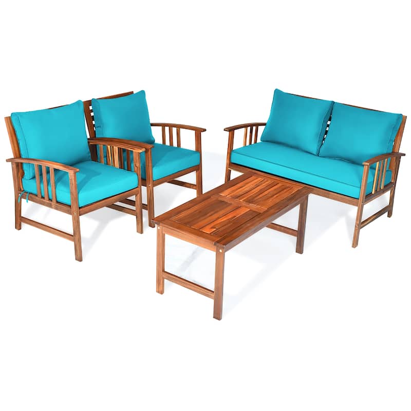 Costway 4PCS Wooden Patio Furniture Set Table Sofa Chair Cushioned