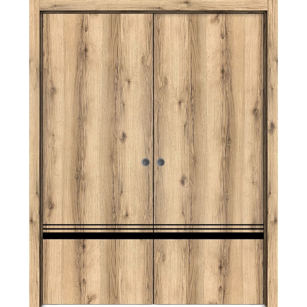 French Double Pocket Doors 36 x 80 Planum 0012 Oak with Kit Trims Rail