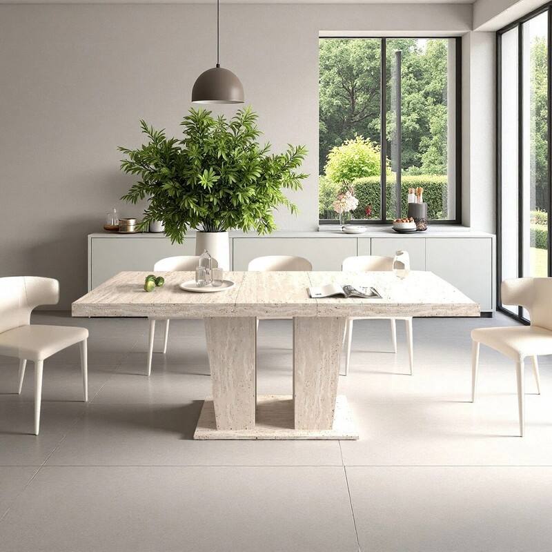 Wood Extendable Dining Table for 6-10 Person, Large Rectangle Expanding Dining Table with Black Double Pedestal Base