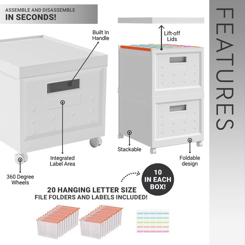 Set of 2 Collapsible Stackable Rolling File Boxes & Lids and 10 Hanging Files,Portable Plastic File Cabinet with wheels
