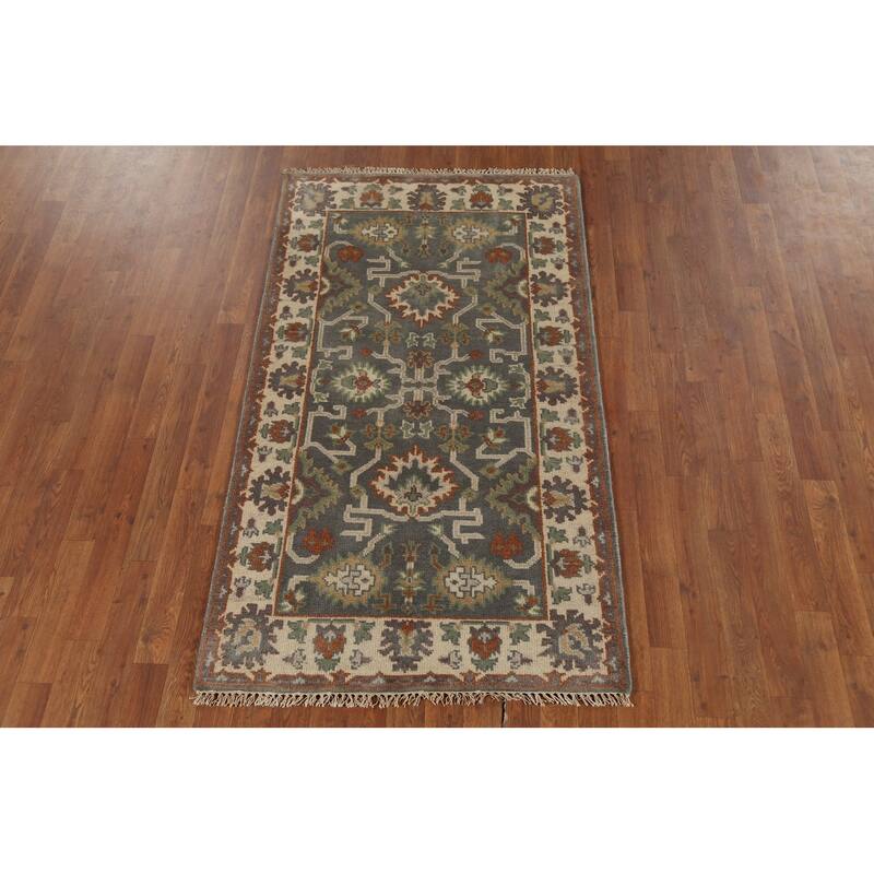 Gray Oushak Indian Accent Rug Hand-Knotted Transitional Wool Carpet - 3'2"x 5'6"