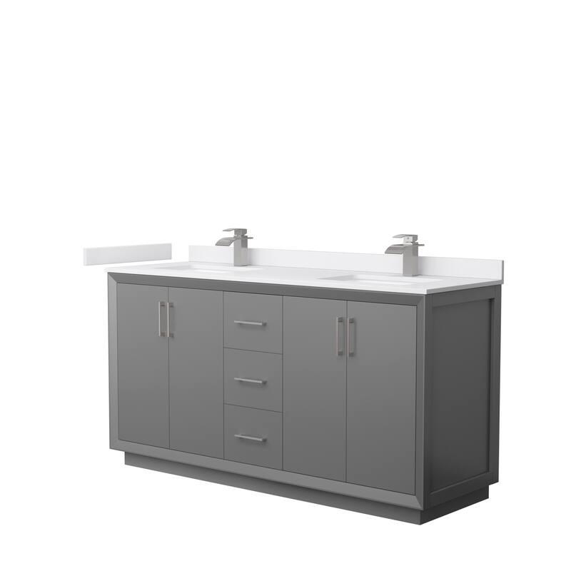 Strada 66-Inch Double Vanity Set, Cultured Marble Top - Dark Gray, Nickel Trim, White Cultured Marble Top
