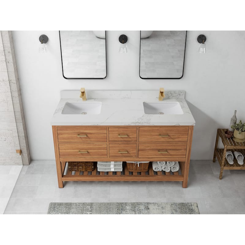 Willow Collections 60 in. W x 22 in. D Parker Solid Teak Double Sink Bathroom Vanity with Countertop - 2"Calacatta Nuvo - Golden Teak