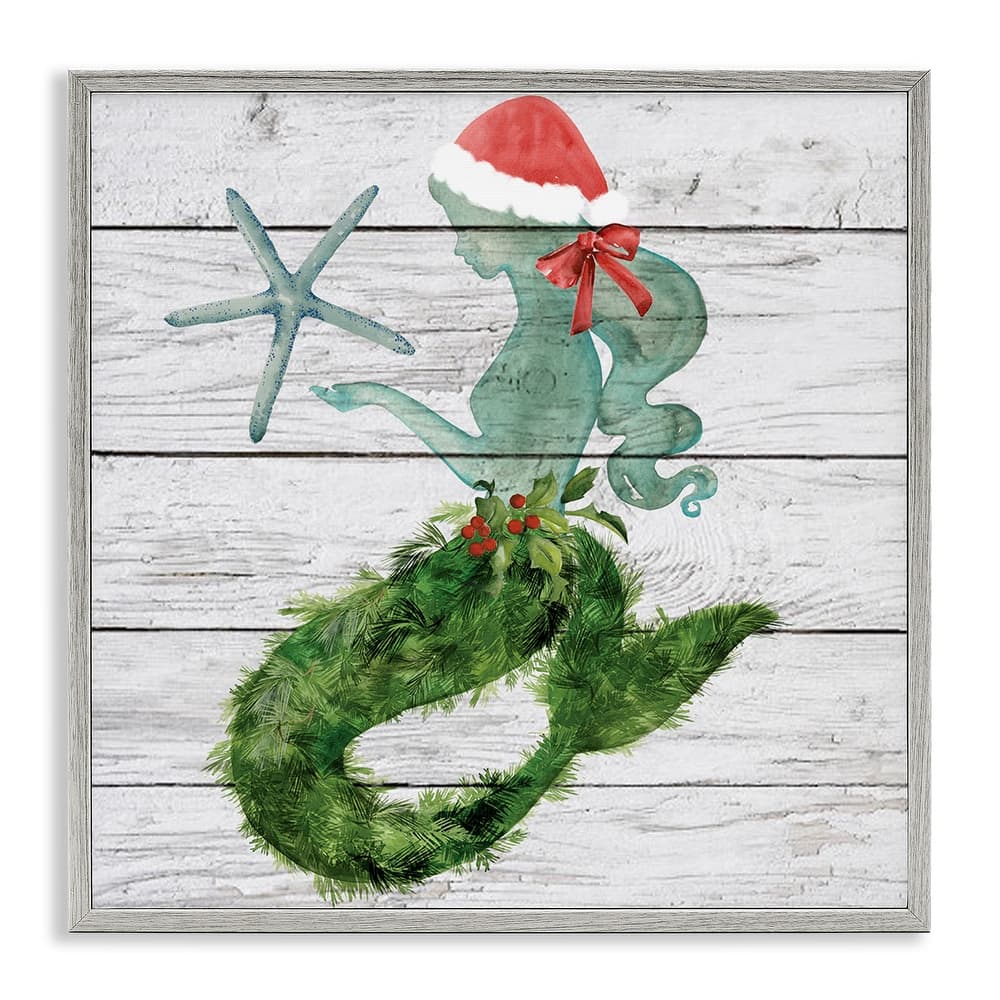 Stupell Christmas Mermaid Winter Holly Floral Pine Framed Wall Art, 12 x 12