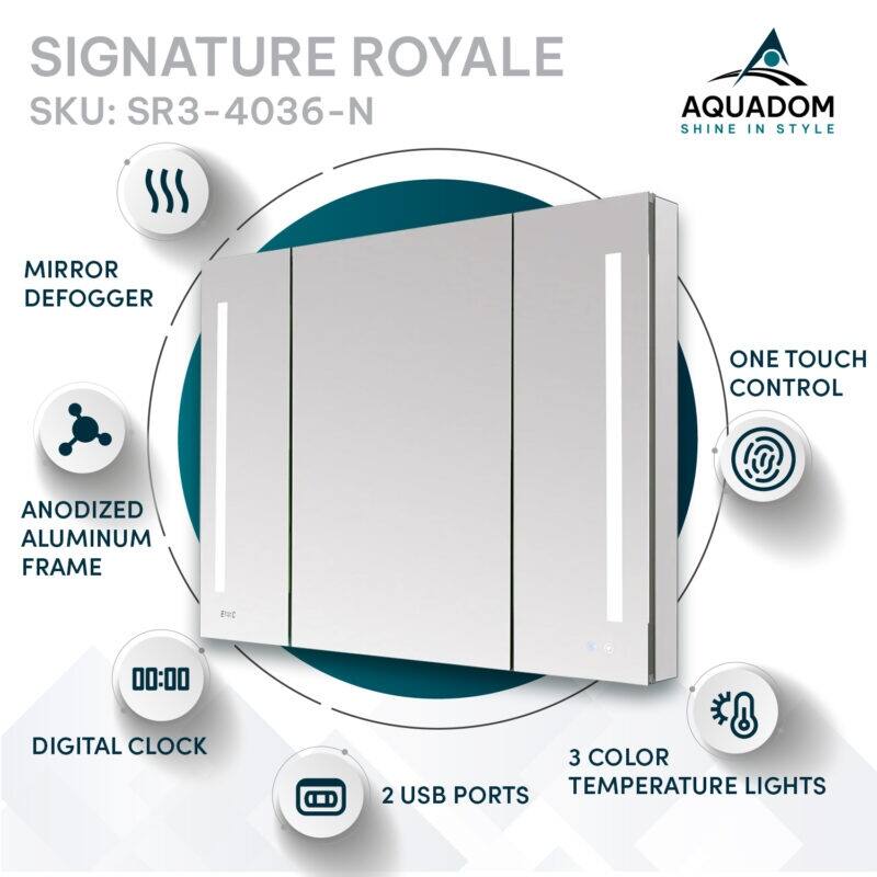 AQUADOM Signature Royale 40W LED Medicine Cabinet Defogger, 3X LED Vertically Adjustable Magnifying Mirror, Electrical Outlets
