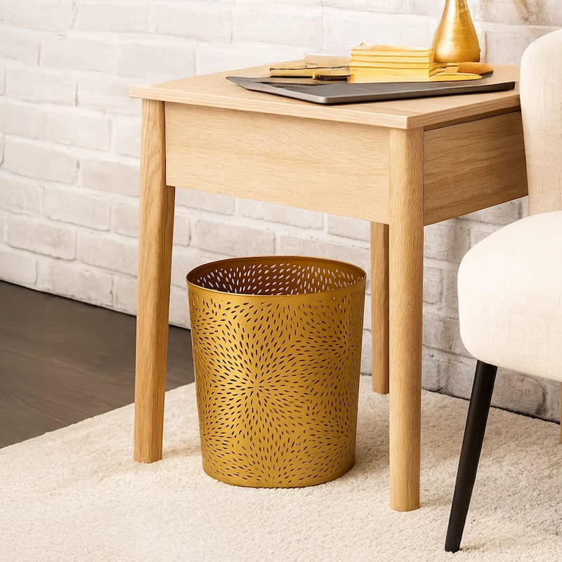 10" Decorative Iron Wastebasket Trash Can Matte Gold Leaf Etched Design