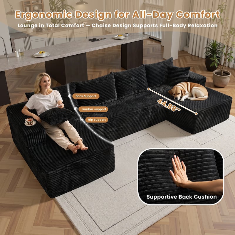 HOOOWOOO Modern Push Corduroy Fabric Sectional Sofa Couch with Pillows