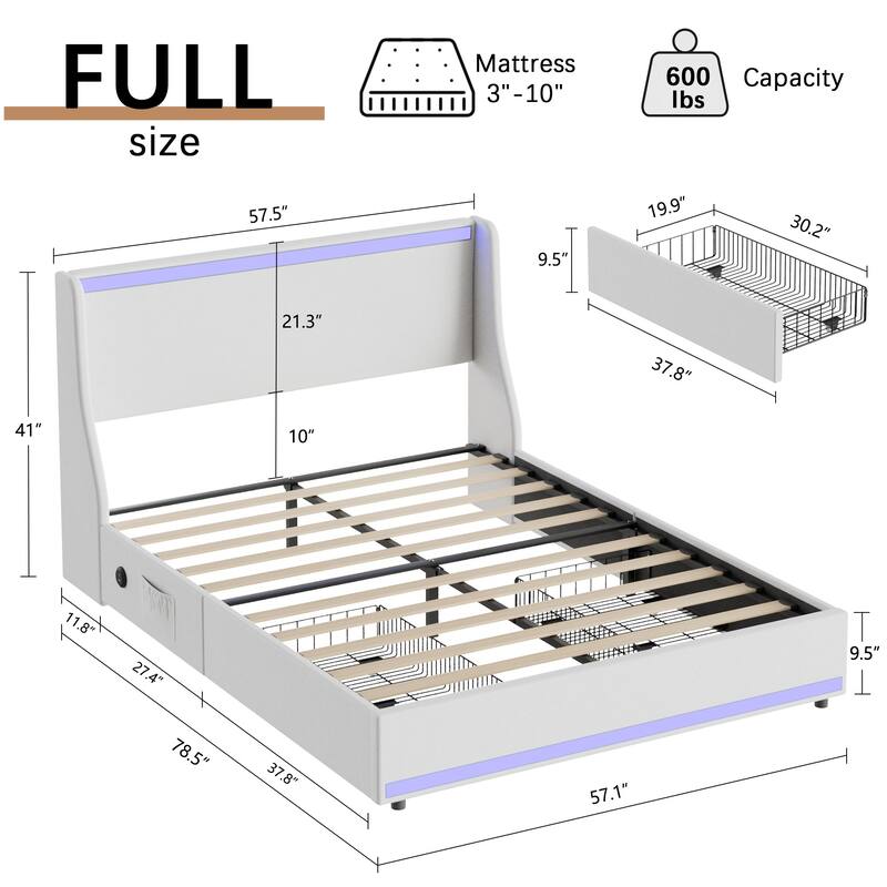 Javlergo Bed Frame with LED Lights and Charging Station Linen Fabric Bed with Drawers Wooden Slats
