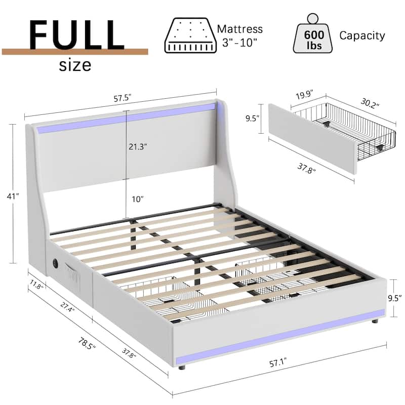 VECELO Modern LED Upholstered Platform Bed Frame with 2 Storage Drawers, USB & Type-C Ports, Full/Queen Size Bed