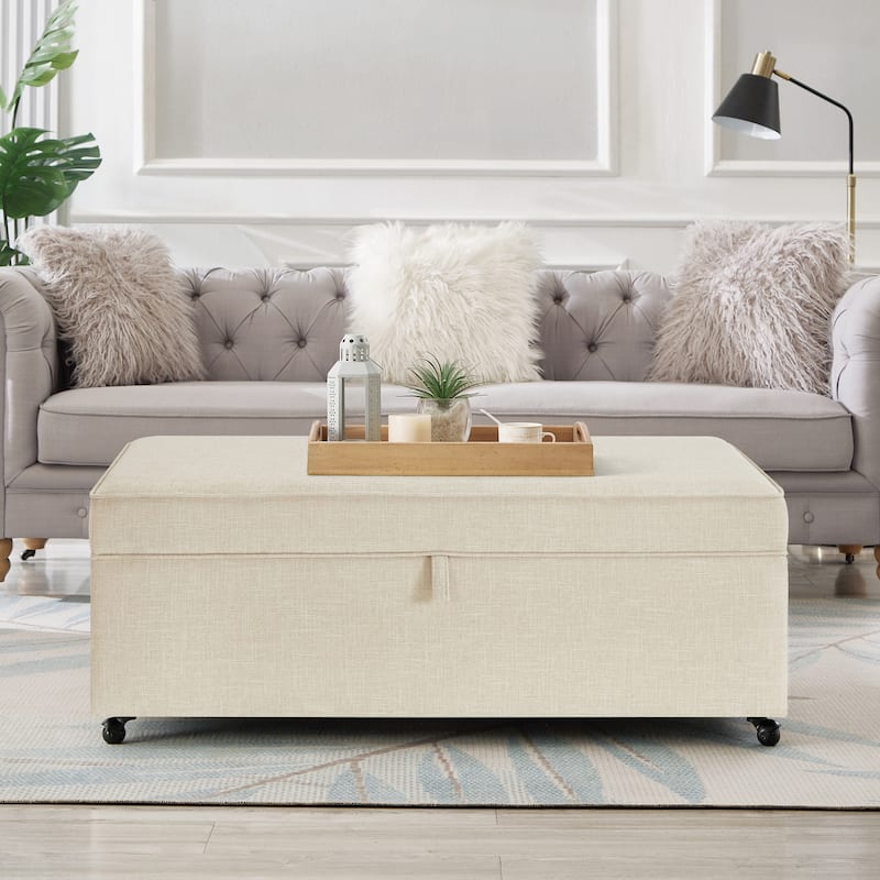 45" Sofa Ottoman with Storage, Linen Upholstered Bench with Rotation Casters and Safety Hinge for Living Room
