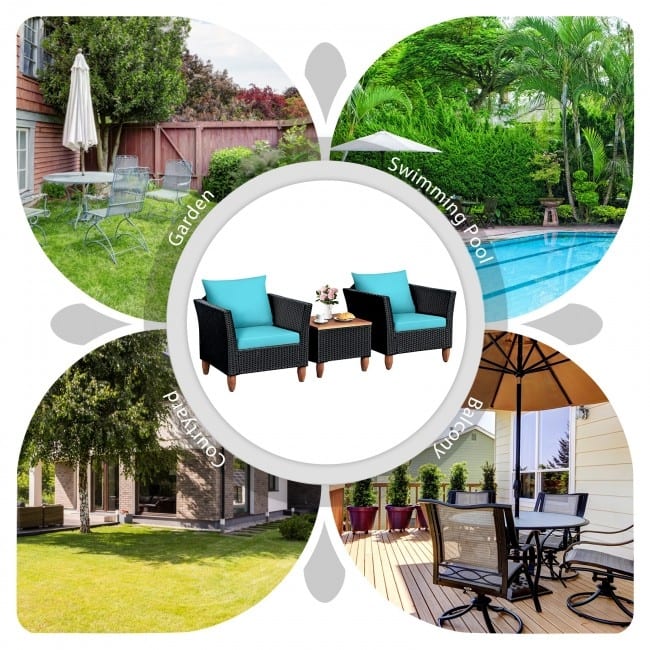 3 Pcs Outdoor Patio Rattan Furniture Set Wooden Table Top Cushioned Sofa - 29" x 27" x 28" (L x W x H)