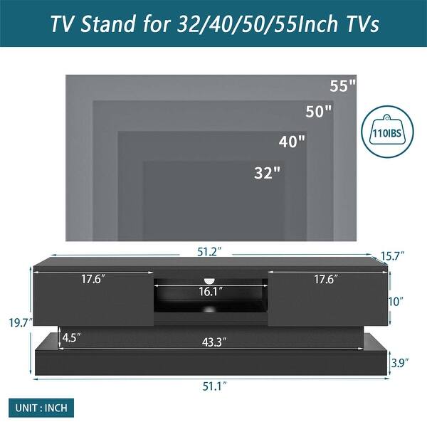 51.18 inch Black morden TV Stand with LED Lights, high glossy front TV ...