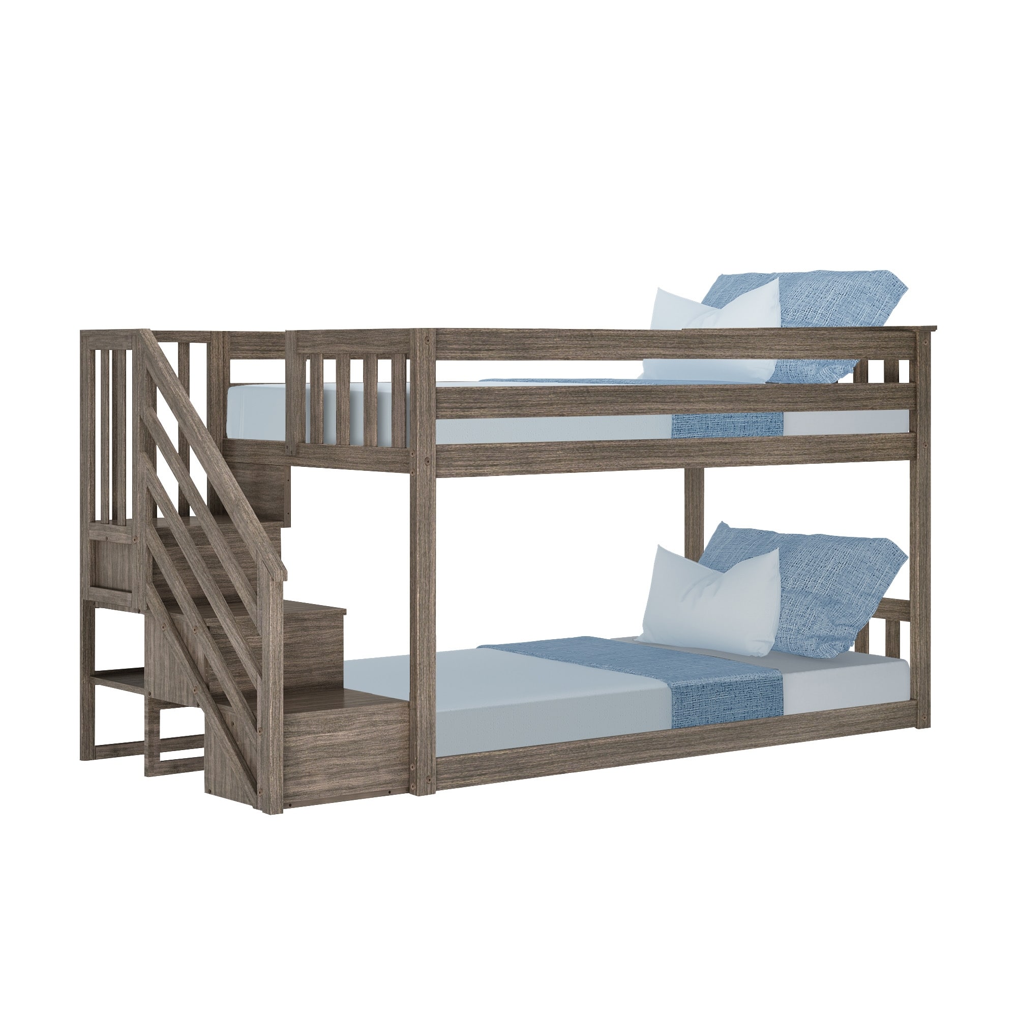 Max & Lily Twin Low Bunk Bed with Staircase White Twin/Twin 