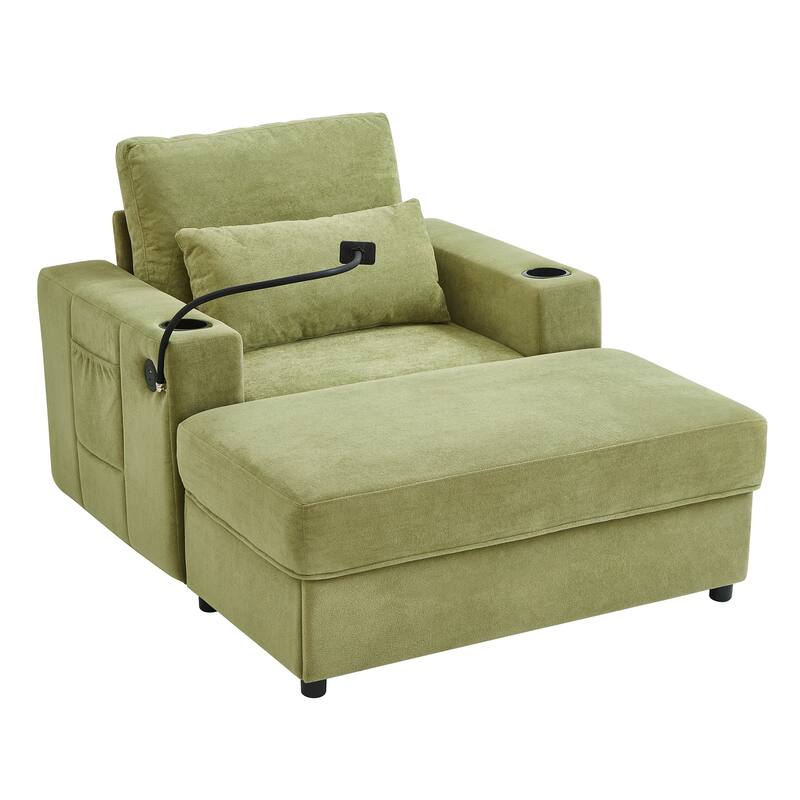 Chaise Lounge Sofa Couch with a Movable Storage Ottoman, Two USB Ports, Two Cup Holders, a Phone Holder，Side Pockets