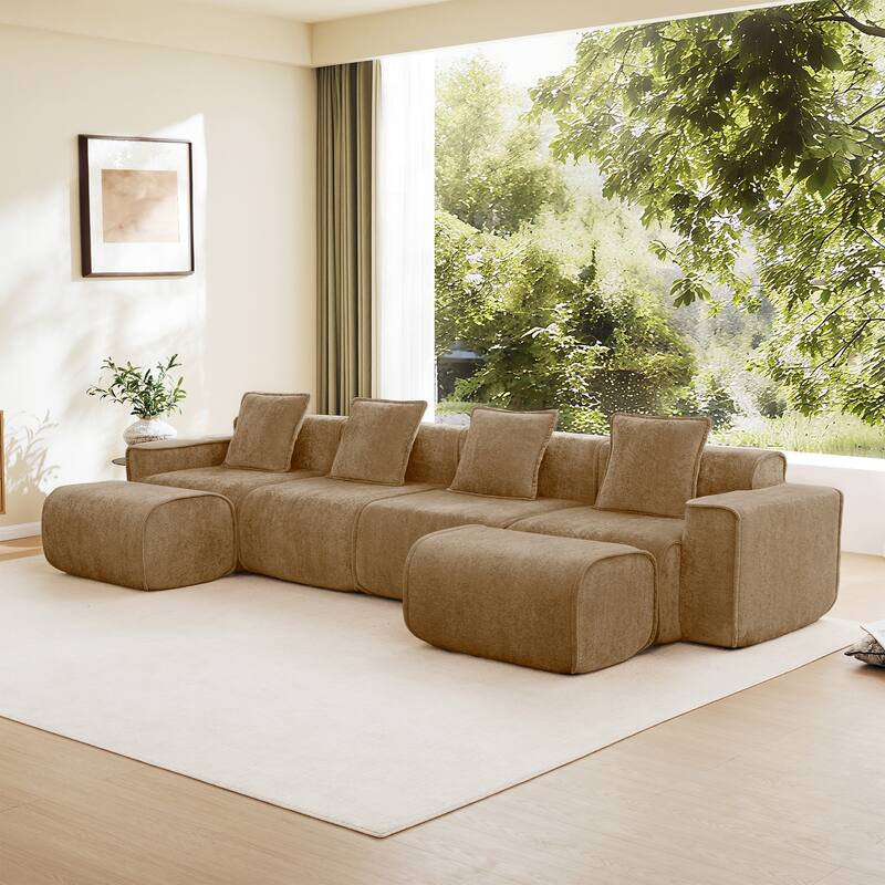 GDFStudio - Velvet Streamlined Modular 4-Seater 138.58" U-Shaped Sectional Sofa with 2 Ottomans