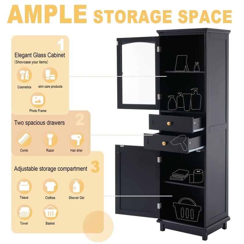 Tall Bathroom Storage Cabinet with Glass Doors and Adjustable Shelves