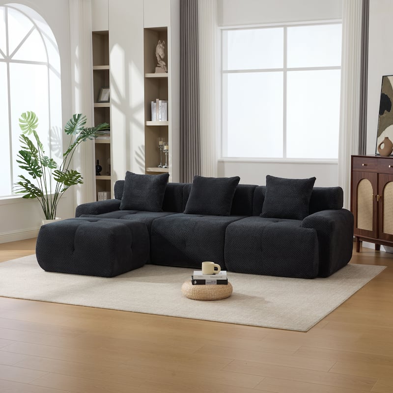 104"W Modern Upholstered Sectional Sofa with 3 Pillows and Ottoman - Charcoal