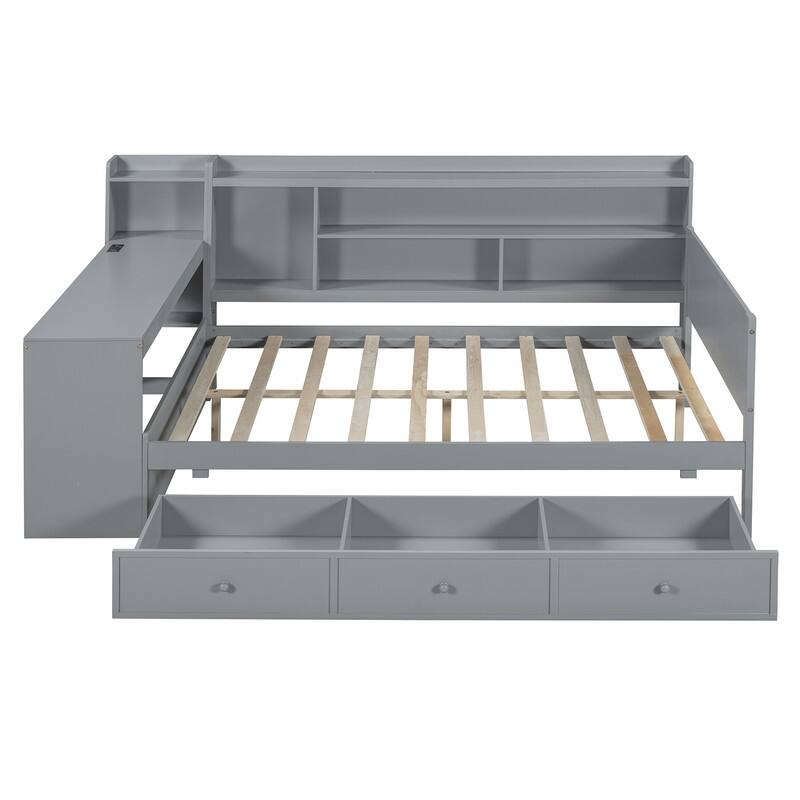 Twin/Full Daybed with 3 Storage Drawers and Bedside Desk, Wooden Day Bedframe Sofa Bed with Storage Shelves and USB Ports
