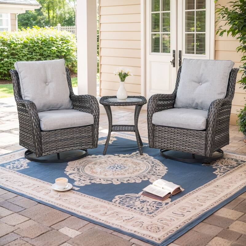 Gymojoy Wicker Swivel Glider Chair with Water-Resistant Olefin Cushions - 3-Piece with Side Table - Grey Wicker / Beige Cusion