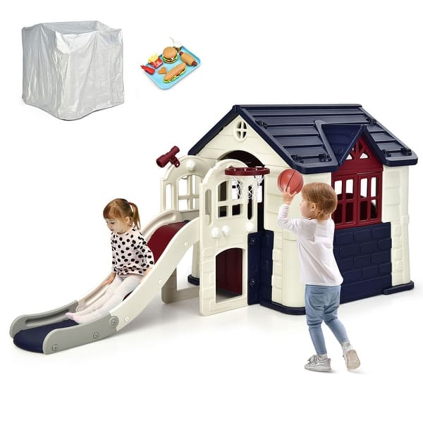 slide 2 of 10, Gymax Outdoor Play house and Slide Set for Kids w/ 7 PCS Toy Set & - See Details Blue - See Details - 5-7 Years