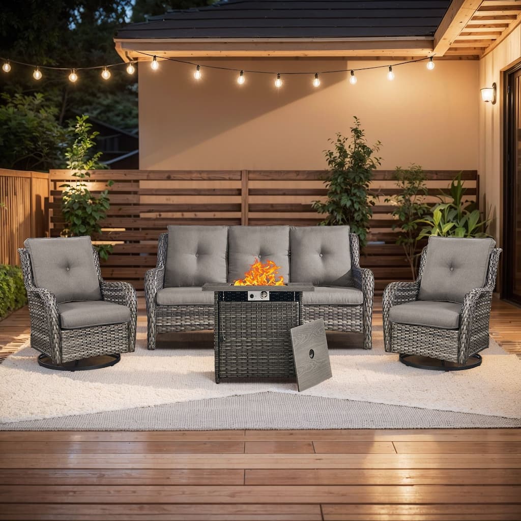Pocassy 4 Pieces Fire Pit Table with 3-Seat Sofa Swivel Chairs
