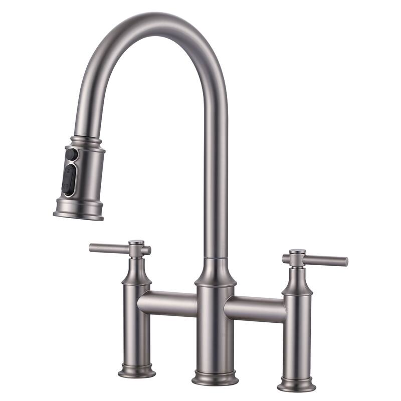 WOWOW Double Handle Pull Down Sprayer Bridge Kitchen Faucet - Brushed Nickel