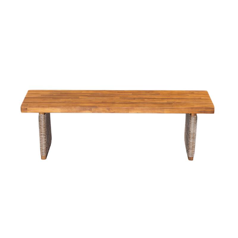 Outdoor 1pcs Acacia Wood Bench, Teak Finish+ Grey Wicker