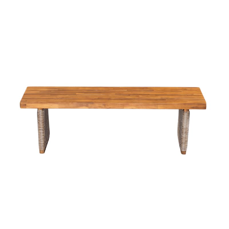 Roomfitters Outdoor Acacia Wood Bench with Wicker Legs, Weather-Resistant Patio Seating
