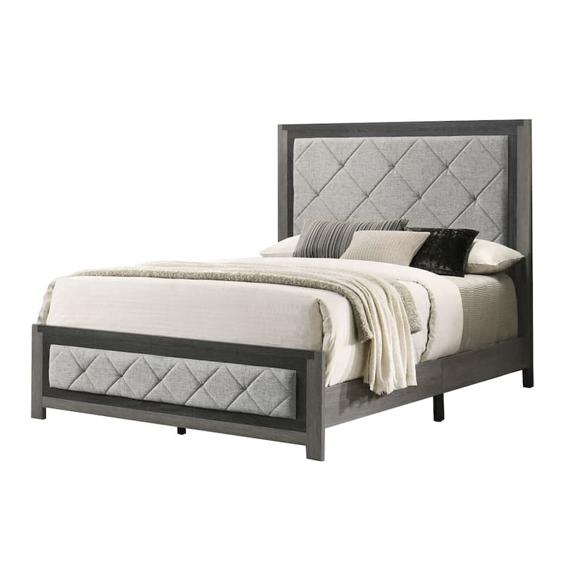 Linen Upholstered Bed with Lozenge Design in Gray - Queen