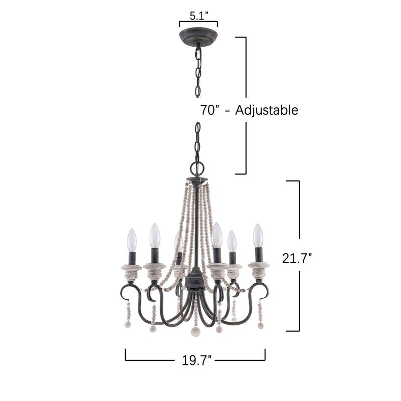 Cusp Barn Modern Farmhouse 6-Light Wood Beaded Chandelier Coastal Pendant Light French Country Candle Ceiling Light for Kitchen