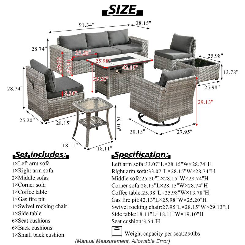 HOOOWOOO 9-piece Wicker Outdoor Modular Wide Armrest Sectional Set Fire Pit Set