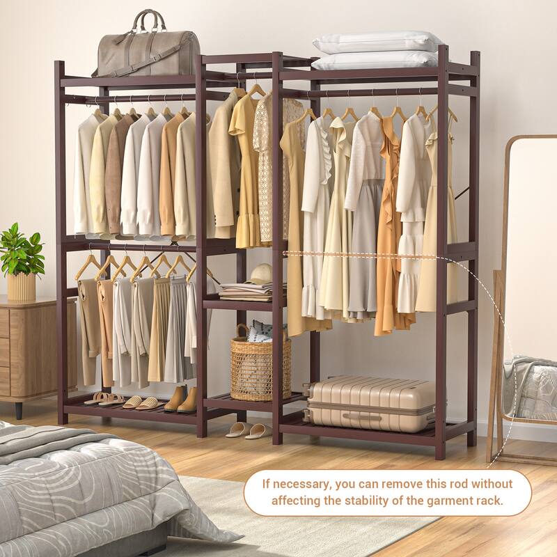 Bamboo Closet System Clothes Rack, Large Freestanding Garment Rack Clothing Rack for Hanging Clothes