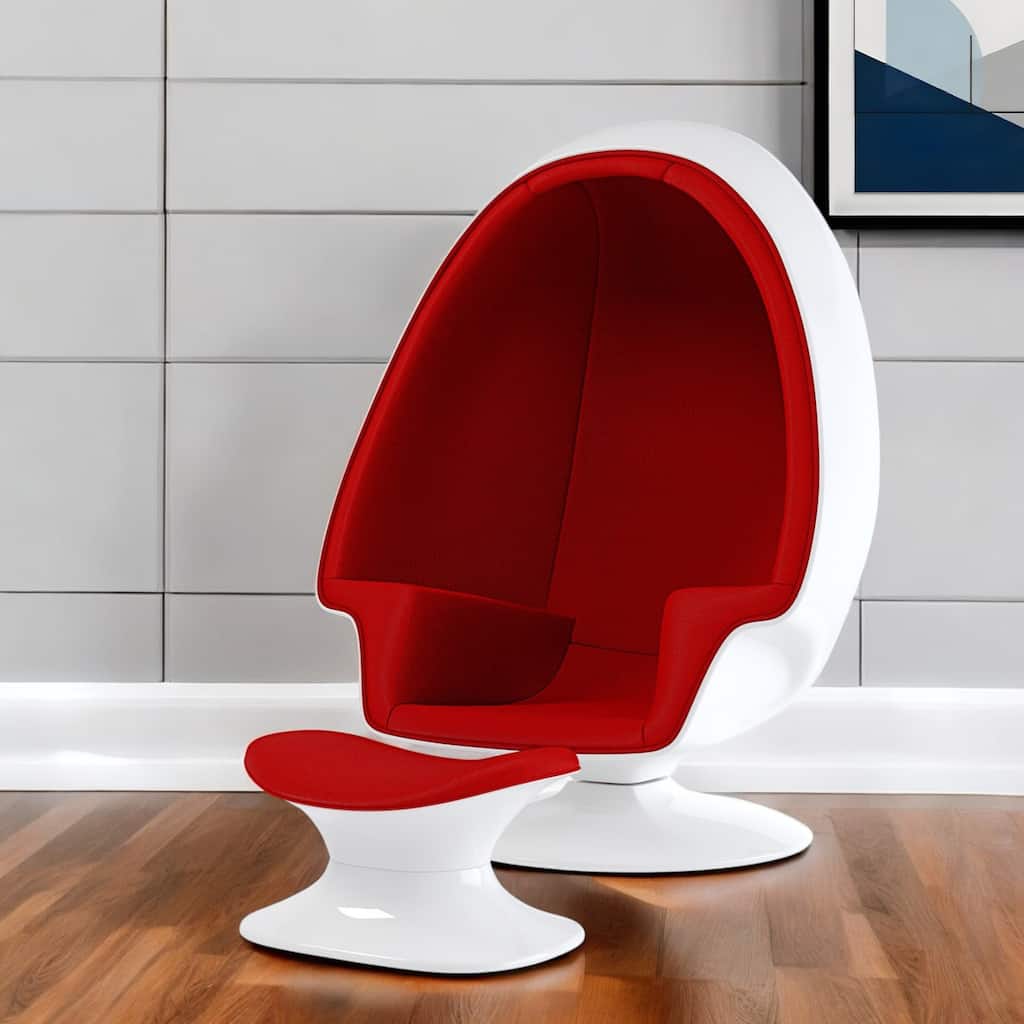 HomeRoots 38" White And Red Fiberglass And Wool Swivel Egg Chair With Ottoman - 38' X '52' X '40