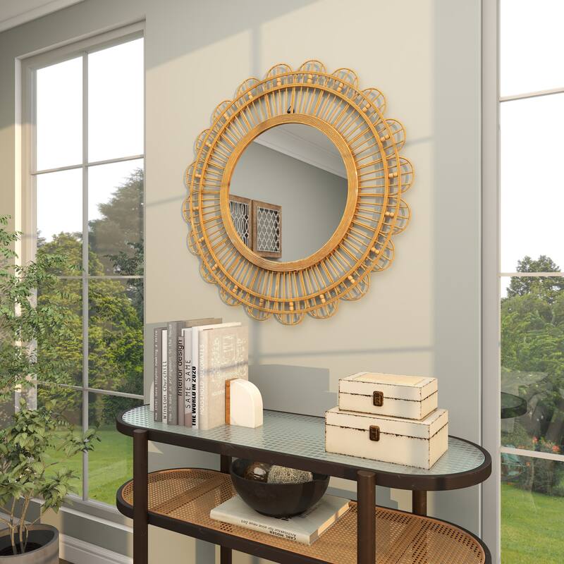 Bamboo Wood Floral Handmade Woven Wall Mirror with Beaded Accents - Brown - Roche River Decor