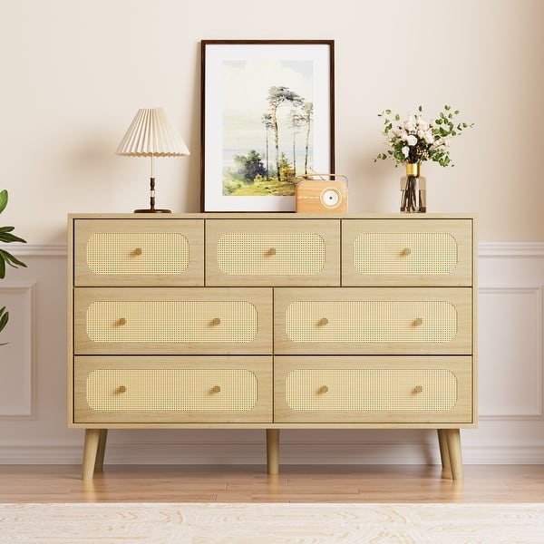 boho dresser 45" Rattan 5-Drawer Tall Dresser Boho Wood Chest with Clothes Storage for Bedroom, Living Room or Hallway Natural Oak