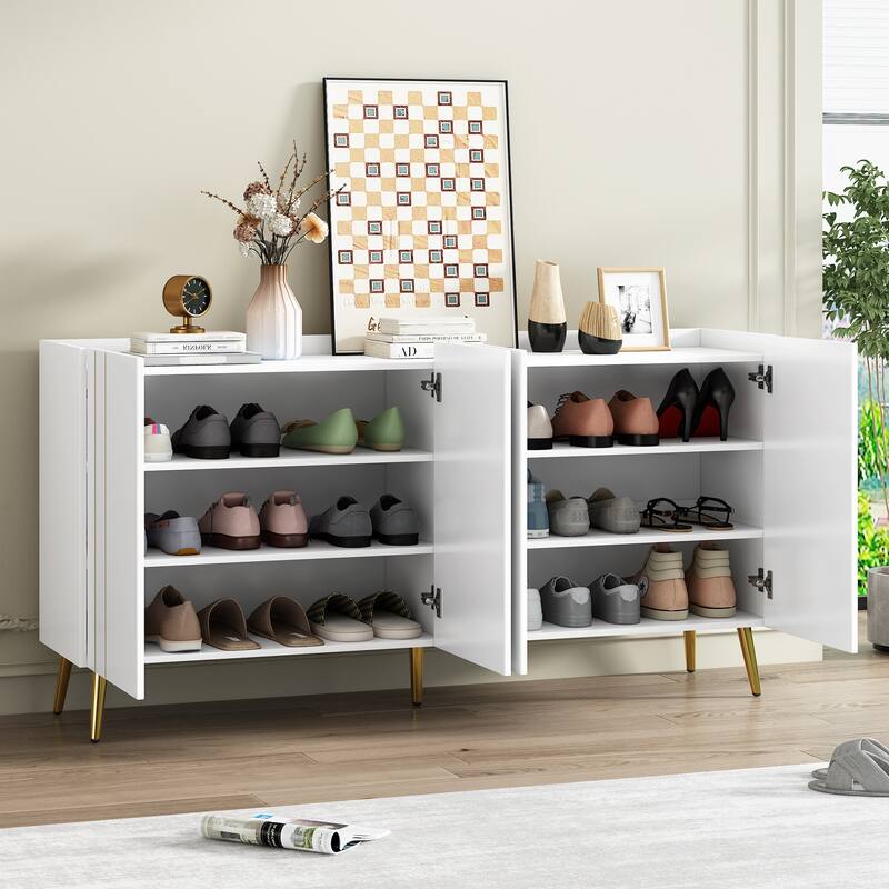 Wood Shoe Cabinet for Entrance, Modern Narrow Cabinet with Gold Metal Legs, Adjustable Shelves, Decorative Hallway Console - White