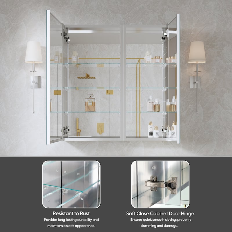 28''W X 30''H Recessed Or Surface Wall Mount Bathroom Medicine Cabinet With Adjustable Glass Shelves