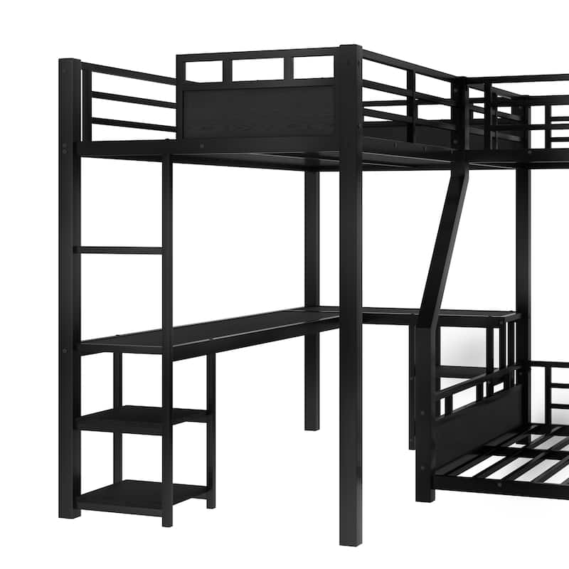 L-shaped Triple Bunk Bed with Loft Bed and Bunk Bed, Metal Storage Bed Frame with Integrated Desk, Open Shelves and Slide
