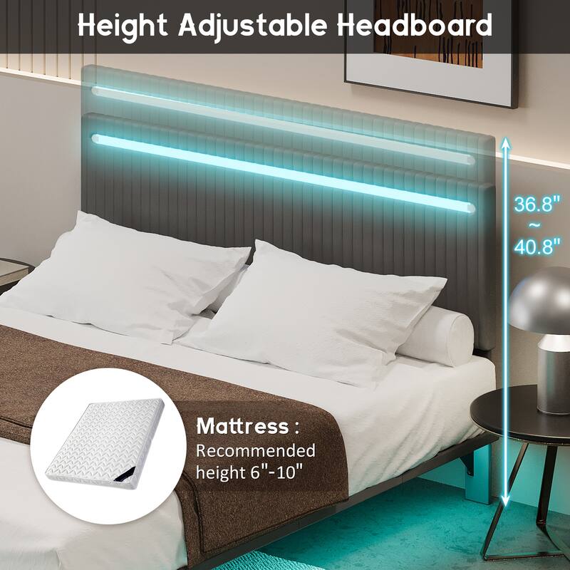Full Size Modern Upholstered Floating Bed Frame with RGB LED Lights, Adjustable Headboard, Velvet Fabric, No Box Spring Needed