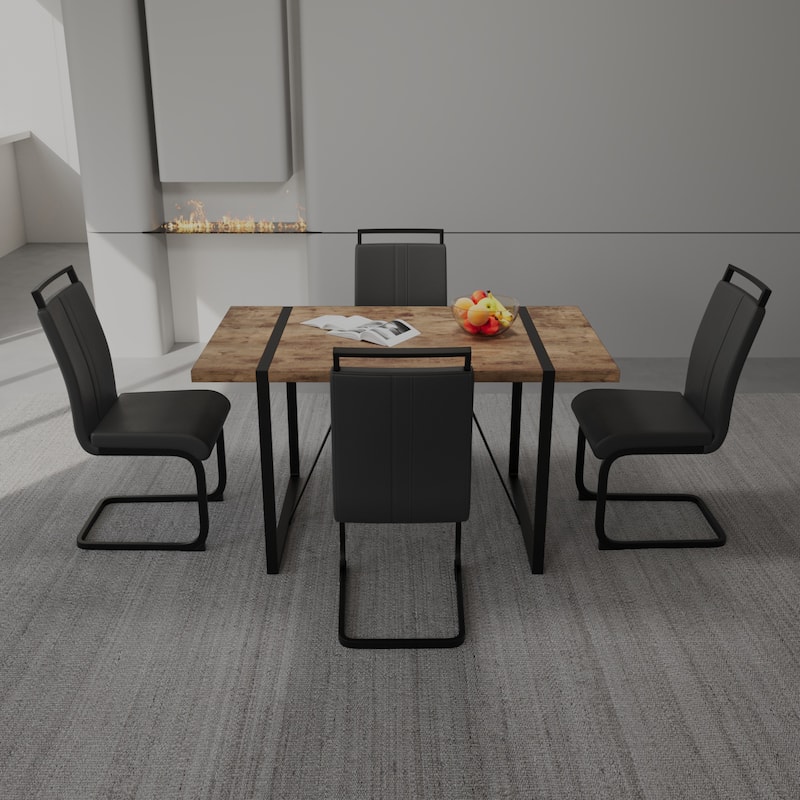 Modern 5-Piece Dining Set with Dark MDF Rectangular Table & 4 High Back Black Metal Legs Chairs