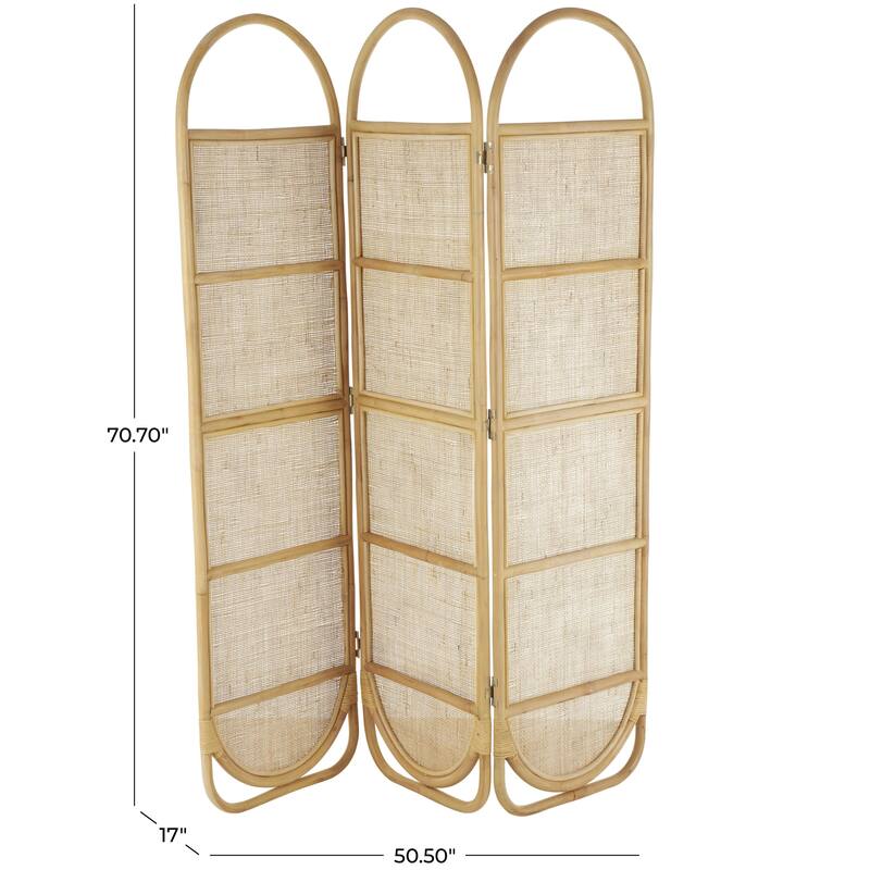 Rattan Geometric Woven Arched Oval 3 Panel Partition Room Divider Screen - Light Brown - Roche River Decor - 17"W x 51"L x 71"H